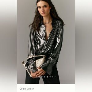 NWT new SP small petite Anthropologie shine button down shirt carbon gunmetal